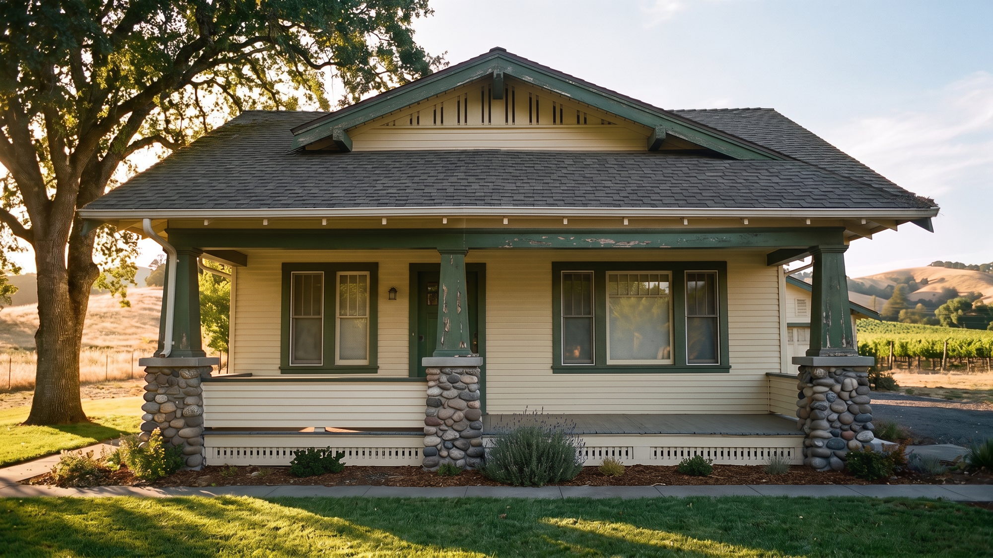 A cream and green California craftsman bungalow in golden afternoon light, freshly cleaned, with dry hills and a vineyard behind it.