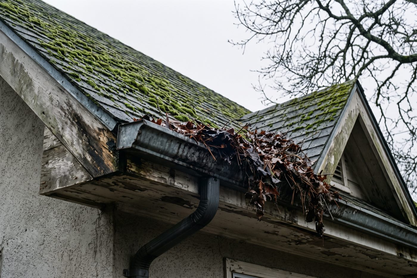 A gutter packed with wet leaves and needles, moss spreading across the shingles above it.